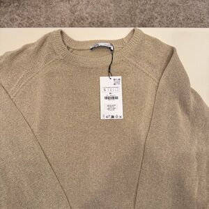 Zara oversized tan crew neck cotton and poly linen look sweater.